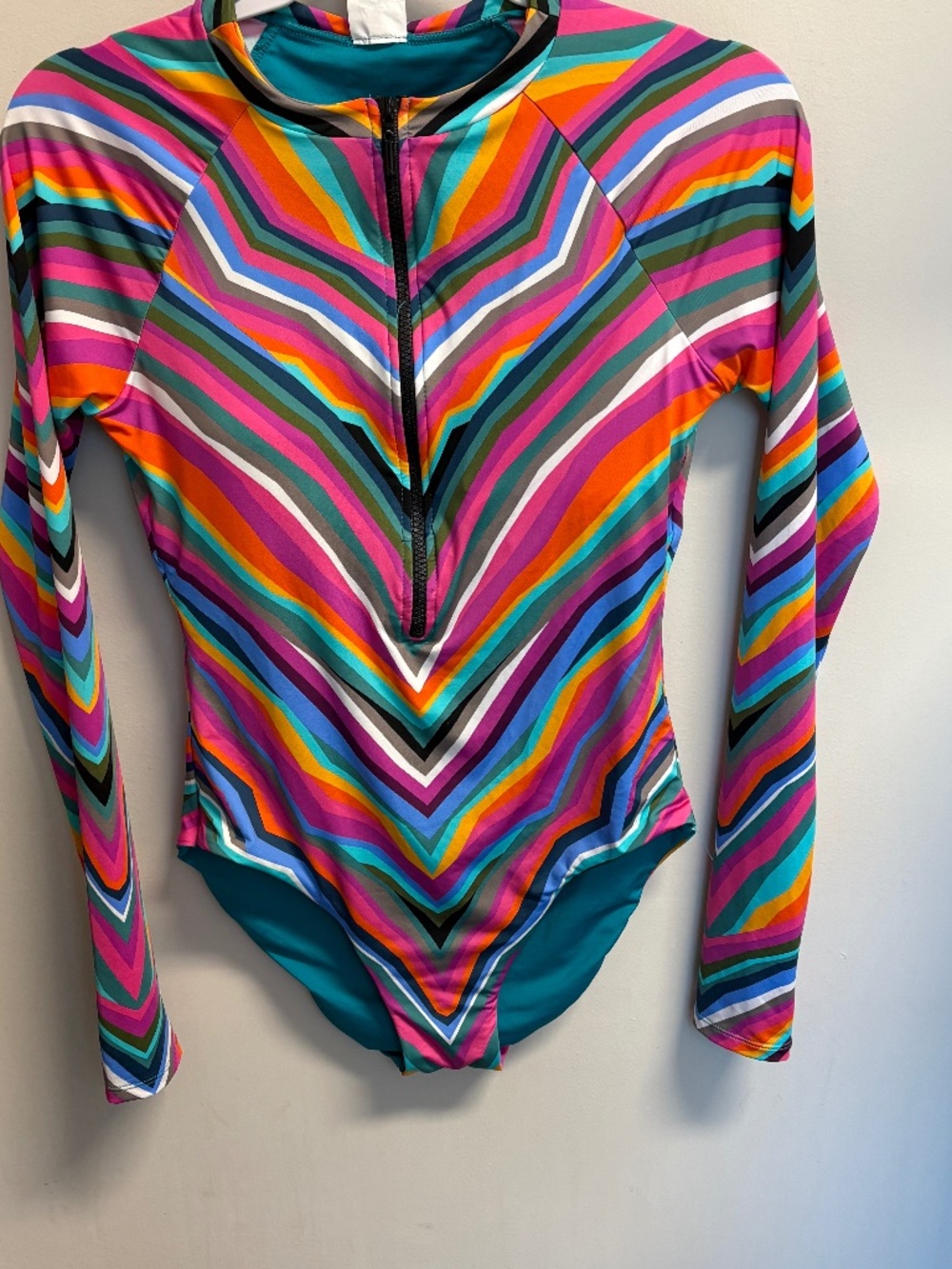 Trina Turk Louvre Printed Long Sleeve Swimsuit Pink Teal Crew Neck Medium - Picture 3 of 8
